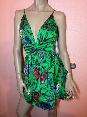 Green Satin Tropical Print Dress Vacation Brunch Summer